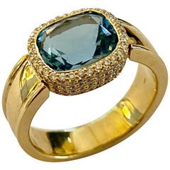 Retro Yellow Gold Aquamarine, Diamond Ring