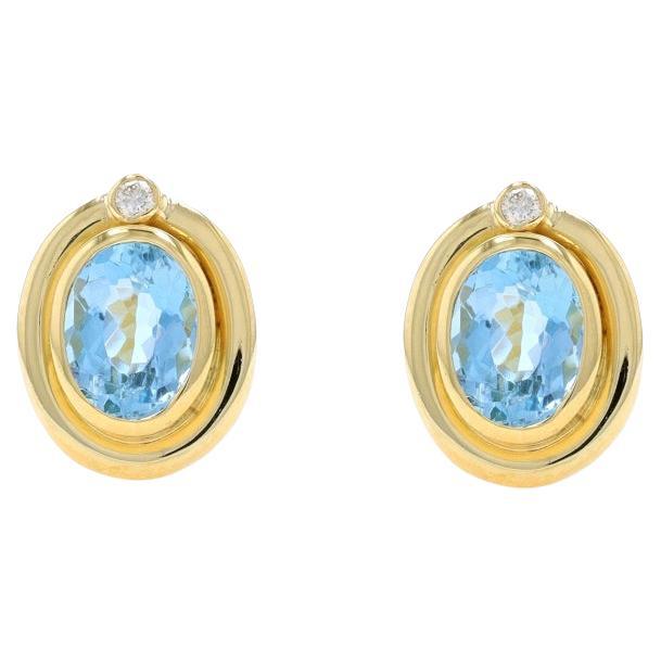 Yellow Gold Aquamarine & Diamond Stud Earrings - 18k Oval 2.15ctw Pierced For Sale