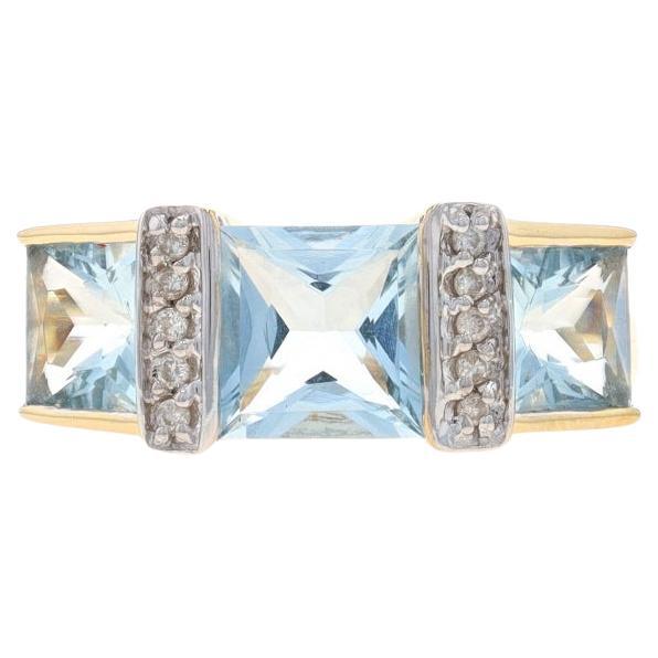 Yellow Gold Aquamarine Diamond Three-Stone Ring - 14k Princess 2.65ctw For Sale