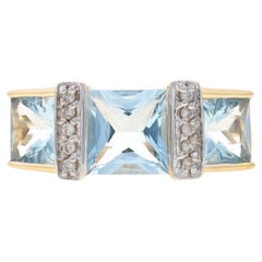 Yellow Gold Aquamarine Diamond Three-Stone Ring - 14k Princess 2.65ctw