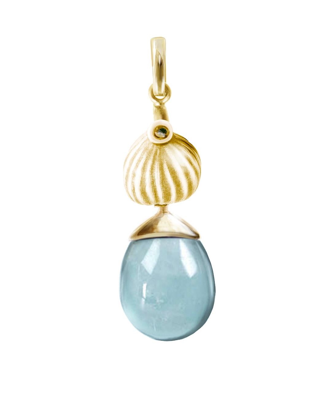 Cabochon Yellow Gold Aquamarine Drop Contemporary Earrings with Diamonds For Sale