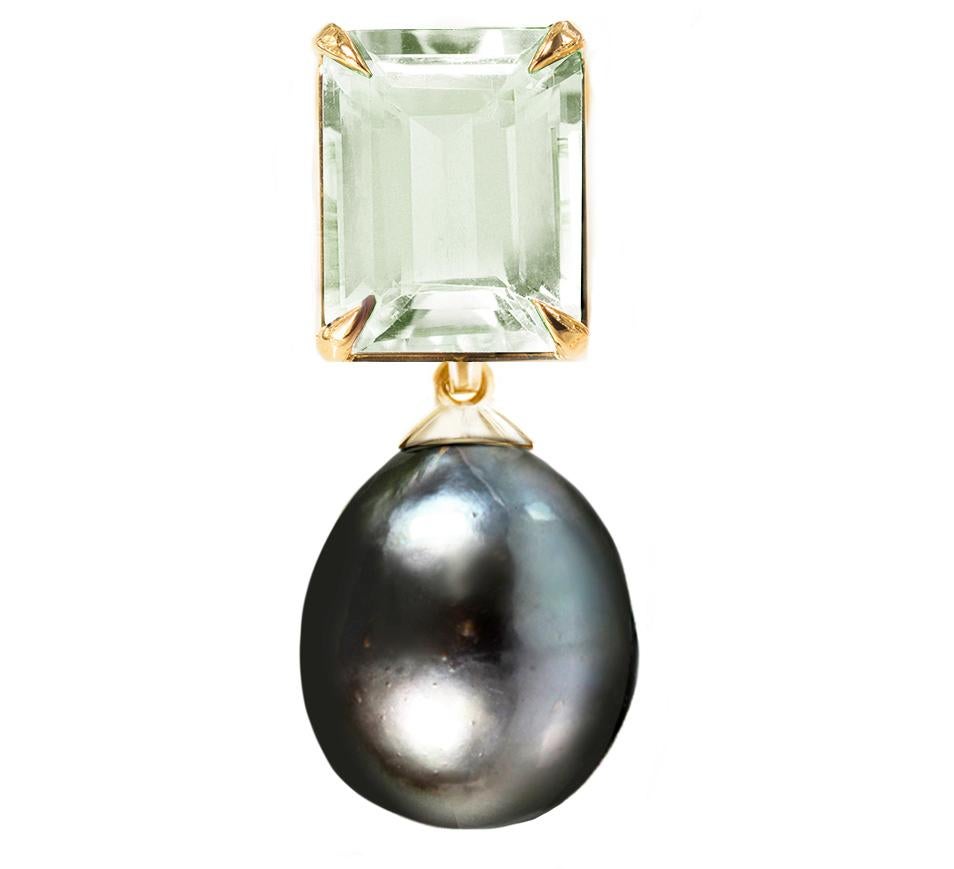 These contemporary transformer drop stud earrings are made of 18 karat yellow gold and feature detachable 11 mm Tahitian black pearls and prasiolites. The earrings measure 1.3 inches (33 mm) in length.

These earrings are versatile and complement