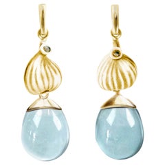 Yellow Gold Aquamarine Drop Contemporary Earrings with Diamonds