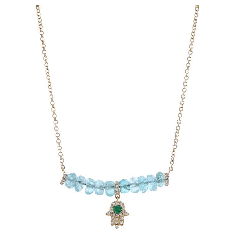 Yellow Gold Aquamarine Emerald Diamond Hamsa Hand Necklace 14k Rondelle .17ctw For Sale