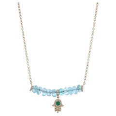Gelbgold Aquamarin Smaragd Diamant Hamsa Hand Halskette 14k Rondelle .17ctw