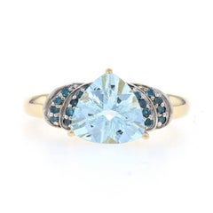 Yellow Gold Aquamarine & Fancy Blue Diamond Ring - 10k Trillion 2.52ctw Treated