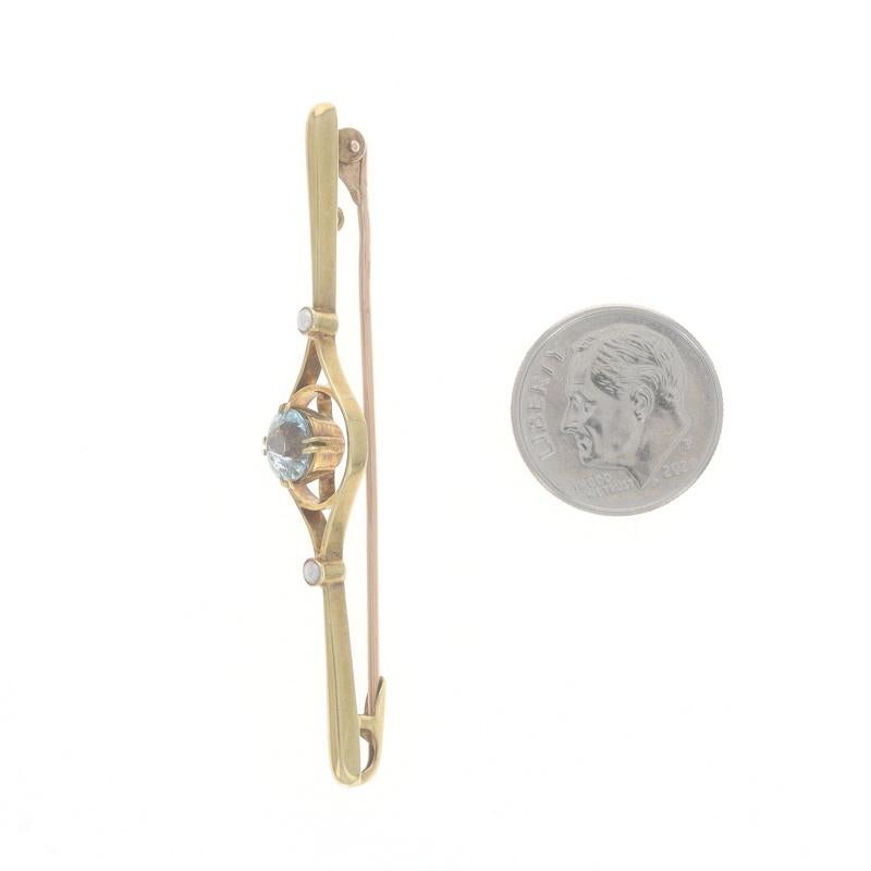 Yellow Gold Aquamarine Pearl Edwardian Bar Brooch - 15k Round .75ct Antique Pin In Good Condition For Sale In Greensboro, NC