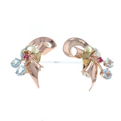 Yellow Gold Aquamarine Ruby Retro Ribbon Lg Stud Earrings 14k Oval .96ctw ClipOn