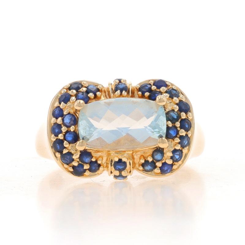 Size: 6
Sizing Fee: Up 1 1/2 sizes for $35 or Down 1 1/2 sizes for $35

Metal Content: 14k Yellow Gold

Stone Information

Natural Aquamarine
Treatment: Heating
Carat(s): 1.45ct
Cut: Rectangular Cushion Checkerboard
Color: Blue

Natural
