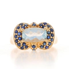Yellow Gold Aquamarine Sapphire Halo Ring -14k Rect Cushion Checkerboard 2.05ctw
