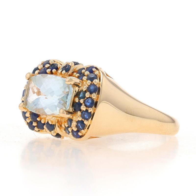 Yellow Gold Aquamarine Sapphire Halo Ring -14k Rect Cushion Checkerboard 2.05ctw In Excellent Condition For Sale In Greensboro, NC