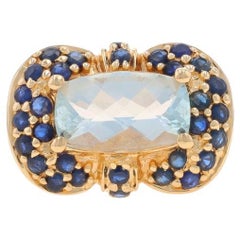 Anillo Halo Zafiro Aguamarina Oro Amarillo -14k Rect Cushion Checkerboard 2.05ctw