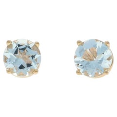 Yellow Gold Aquamarine Stud Earrings - 14k Round 1.50ctw Pierced