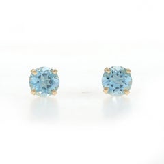 Yellow Gold Aquamarine Stud Earrings - 14k Round .90ctw Pierced