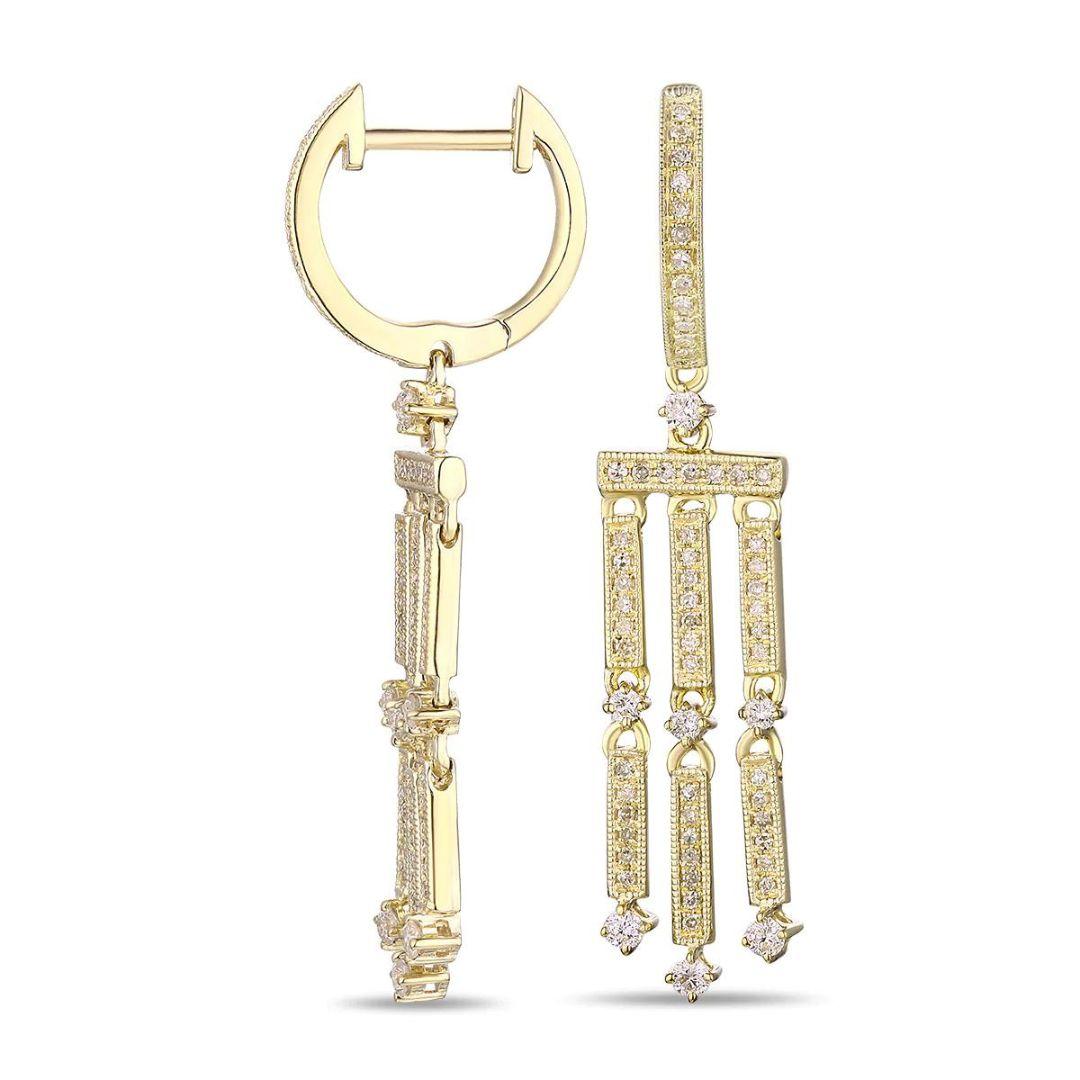 Art Deco diamond cocktail earrings in soft 14k yellow gold. Perfect luxury accessory for a special night or a special event. Earrings contain 128 round white diamonds, H-I color, SI clarity, 0.50 ctw, and measure approximately 1.5 inches in length.
