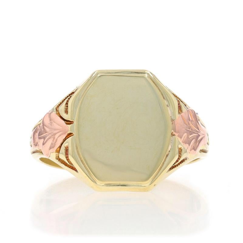 Size: 12
Sizing Fee: Up 3 sizes for $60 or Down 2 sizes for $40

Era: Art Deco
Date: 1920s - 1930s

Metal Content: 14k Yellow Gold & 14k Rose Gold

Style: Signet
Features: Engravable Face

Measurements
Face Height (north to south): 21/32