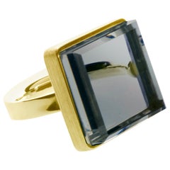Yellow Gold Artisan Ring with Light Blue Quartz, Featured in Vogue