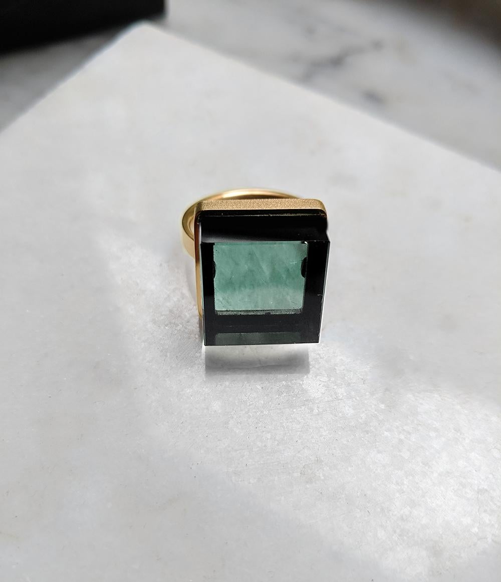 Yellow Gold Art Deco Style Ring with Natural Green Prasiolite Quartz For Sale 6