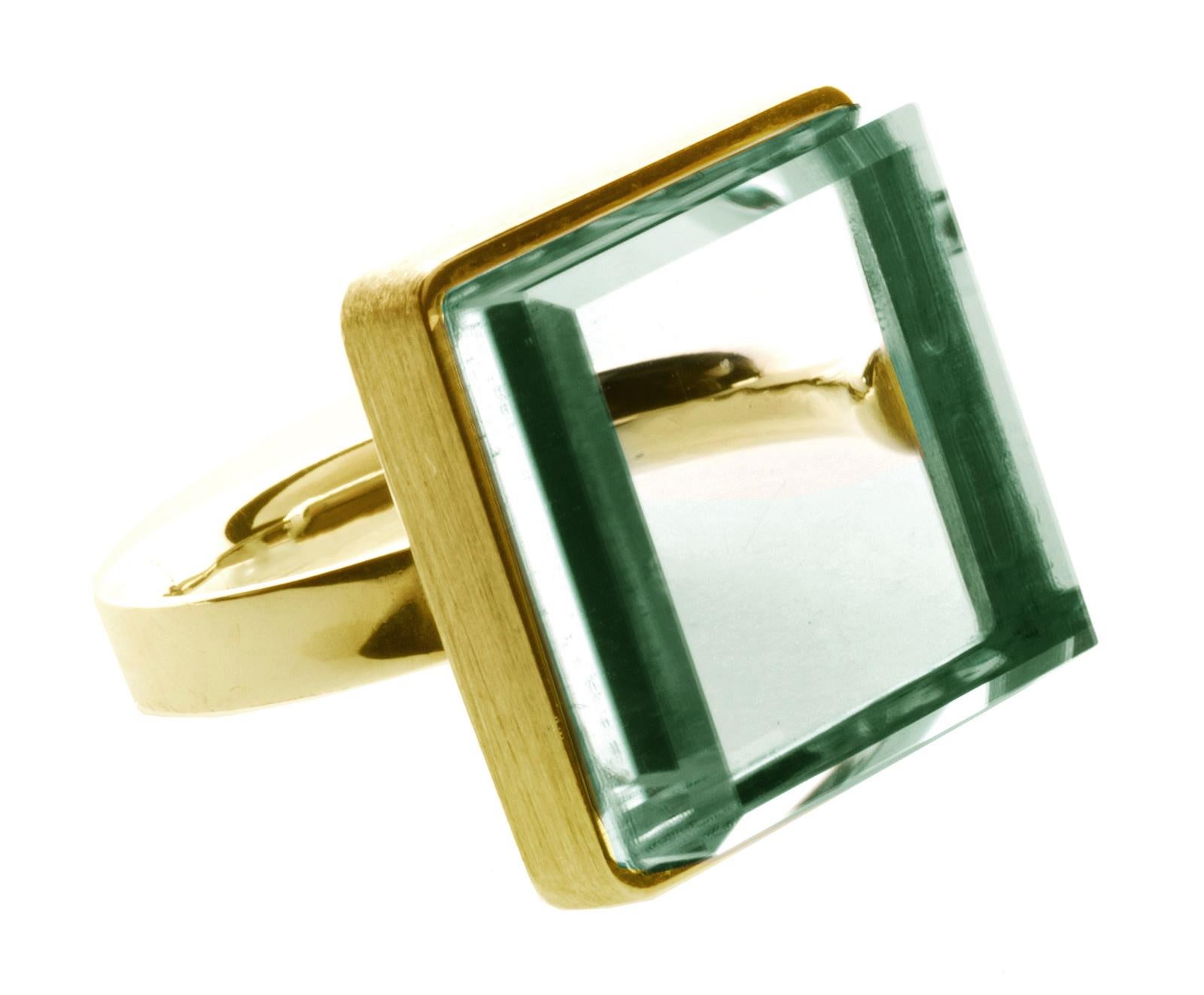 Yellow Gold Art Deco Style Ring with Natural Green Prasiolite Quartz For Sale 7