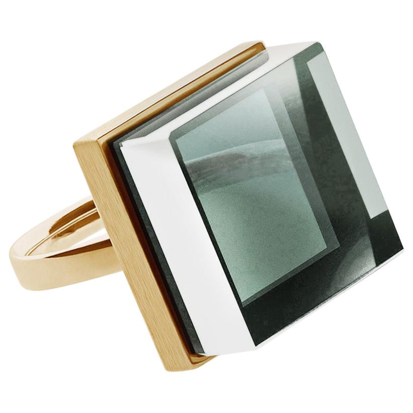 Yellow Gold Art Deco Style Ring with Natural Green Prasiolite Quartz For Sale