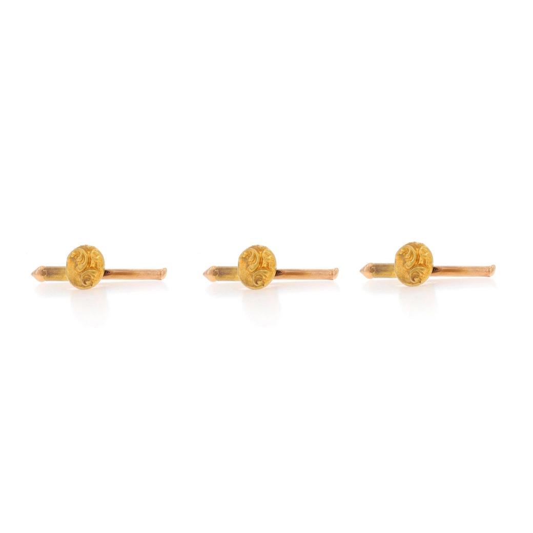Era: Art Deco
Date: 1920s - 1930s

Metal Content: 14k Yellow Gold

Style: Set of 3 Shirt Studs
Theme: Scrollwork

Measurements

Diameter: 1/4