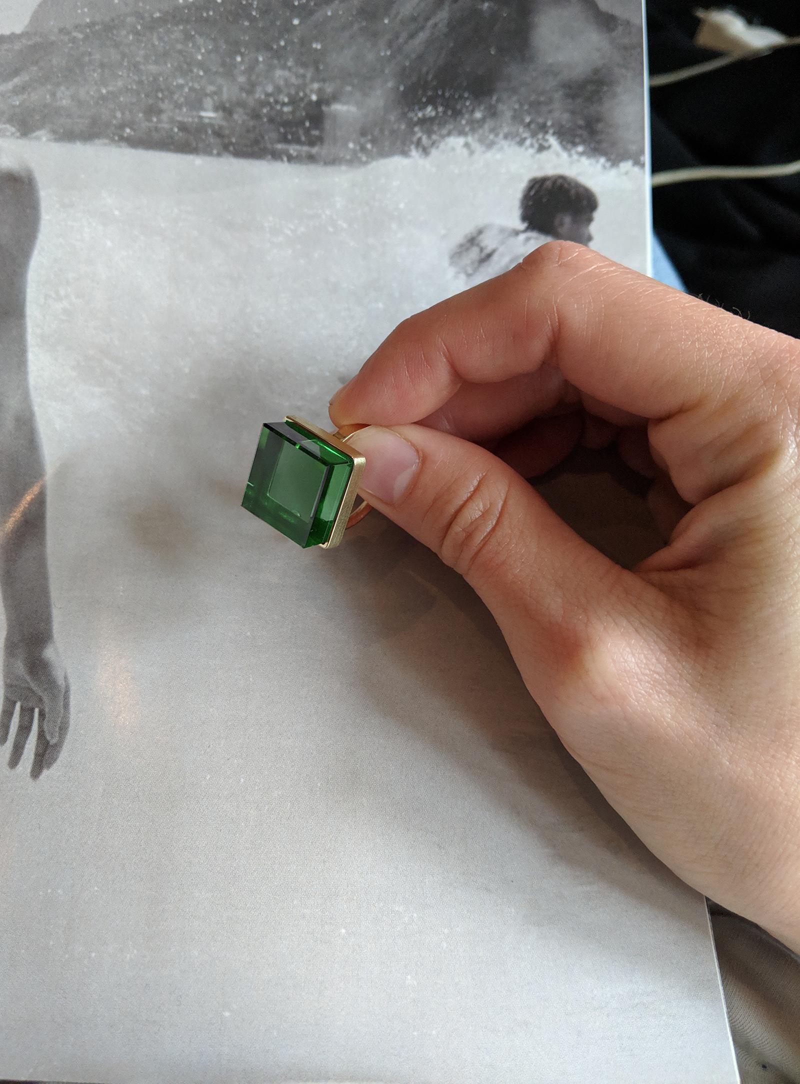 Yellow Gold Art Deco Style Ring with Green Quartz Featured in Vogue For Sale 3