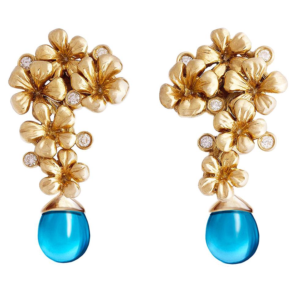 Yellow Gold Blossom Earrings with Diamonds and Topaz For Sale