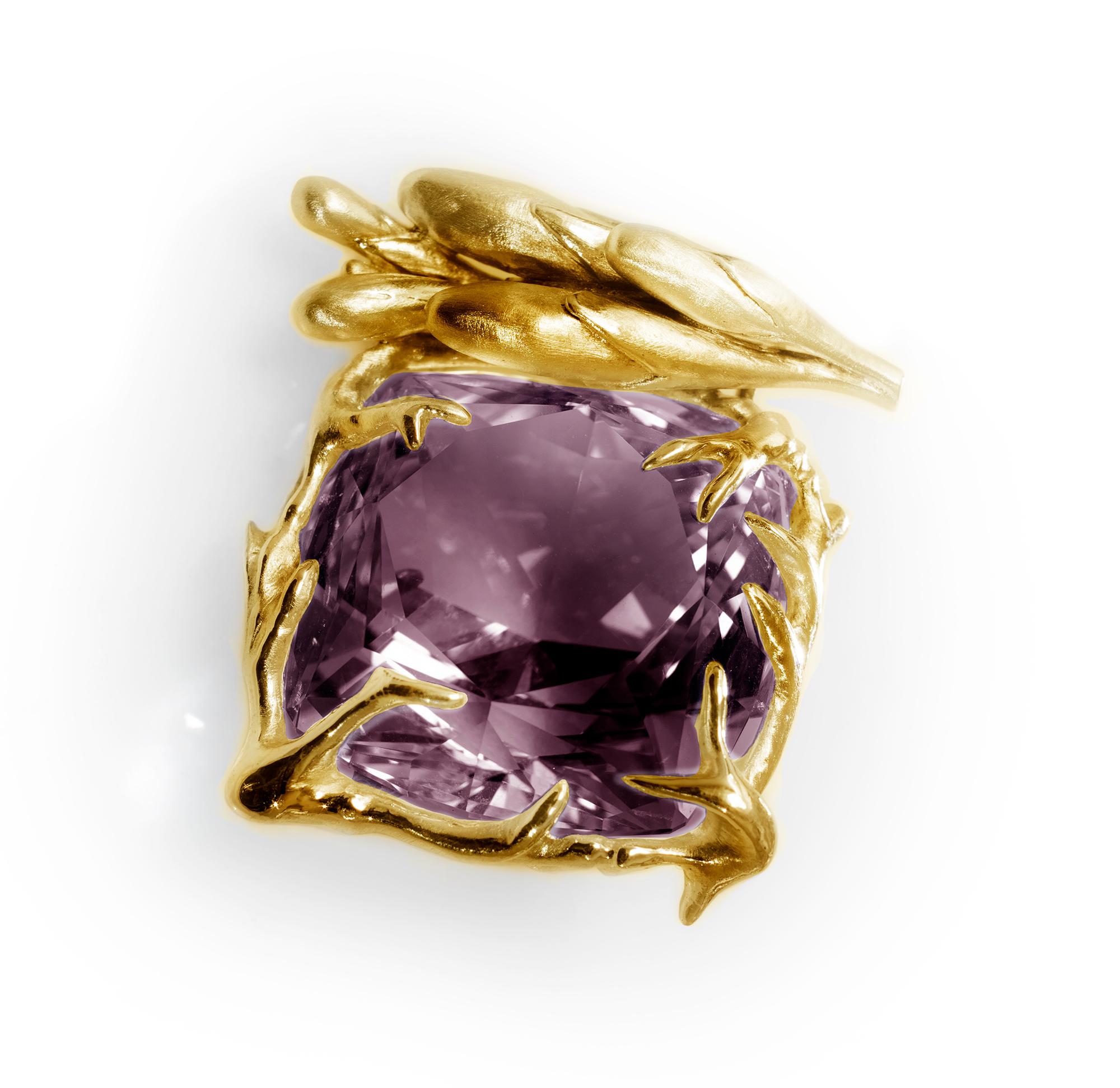 Yellow Gold Blossom Cocktail Ring with Cushion Amethyst For Sale 10
