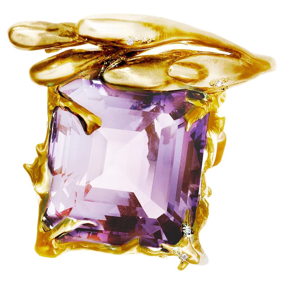 Yellow Gold Blossom Cocktail Ring with Cushion Amethyst For Sale