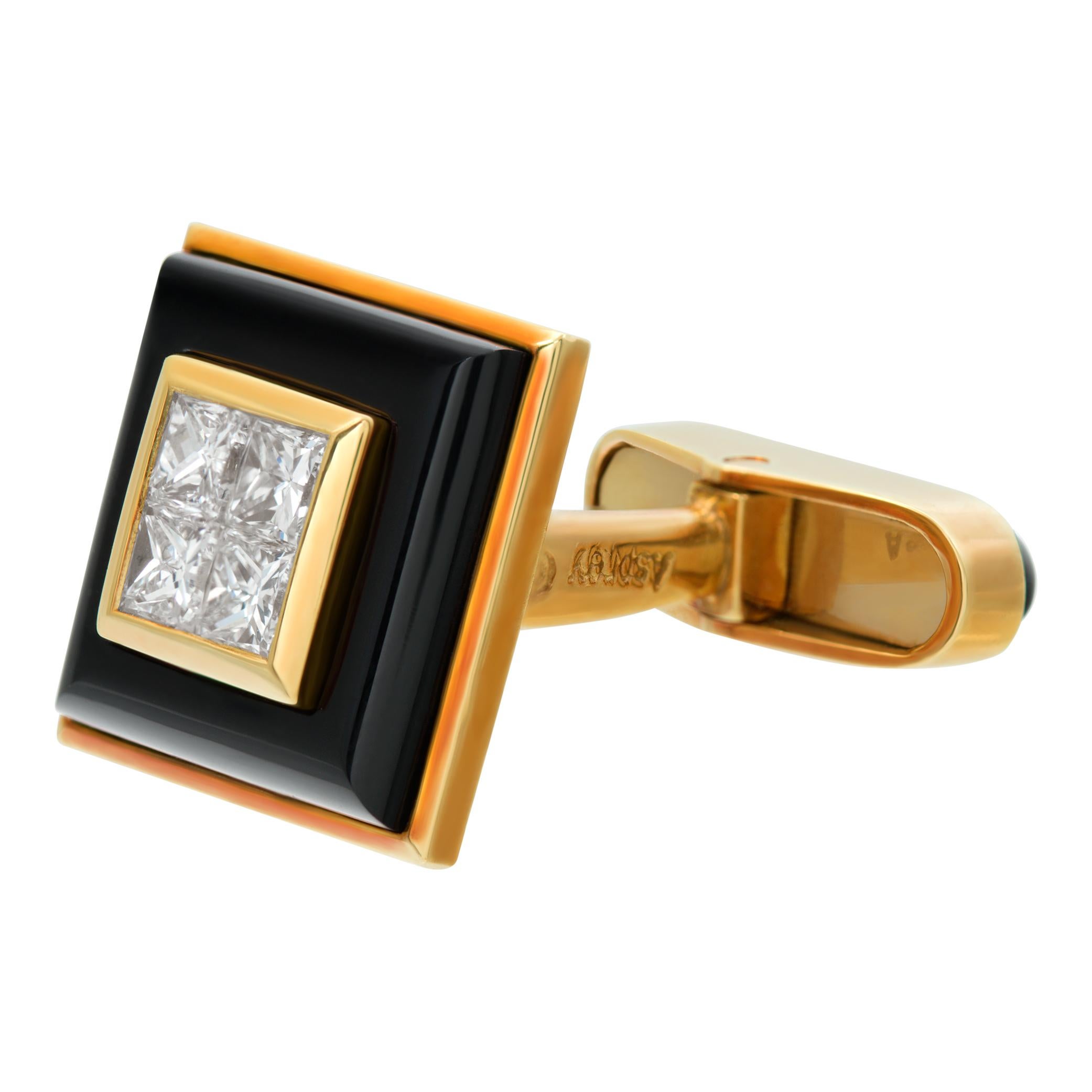 Asprey diamond and onyx cufflinks and 4 piece stud set in 18k yellow gold. Approx. 1.60 carats in princess cut diamonds (G-H Color, VS Clarity). Comes in original box. Asprey is known as the jeweler to the British crown!
