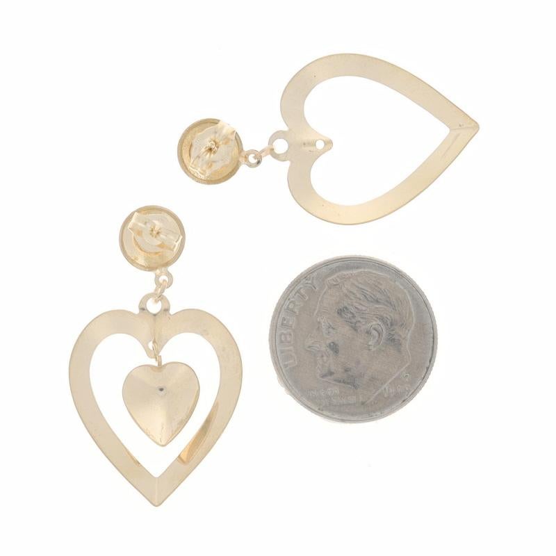 Yellow Gold Asymmetrical Heart Dangle Earrings - 14k Love Pierced In Excellent Condition For Sale In Greensboro, NC
