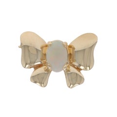 Yellow Gold Australian Opal Bow Solitaire Slide Pendant -14k Oval Cabochon .25ct