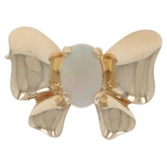 Yellow Gold Australian Opal Bow Solitaire Slide Pendant -14k Oval Cabochon .25ct