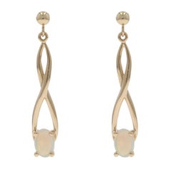 Yellow Gold Australian Opal Dangle Earrings - 14k Oval Cabochon .40ctw Pierced