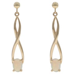 Yellow Gold Australian Opal Dangle Earrings - 14k Oval Cabochon .40ctw Pierced