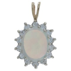 Yellow Gold Australian Opal Diamond Halo Pendant - 14k Oval Cab 1.82ctw Floral