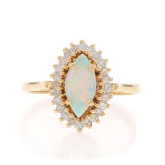 Yellow Gold Australian Opal Diamond Halo Ring 14k Marquise Cabochon 1.06ctw