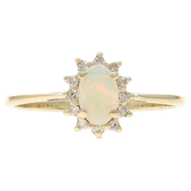 Yellow Gold Australian Opal Diamond Halo Ring - 14k Oval Cabochon .31ctw For Sale