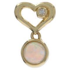 Yellow Gold Australian Opal Diamond Heart Pendant 18k Round Cabochon .31ctw Love