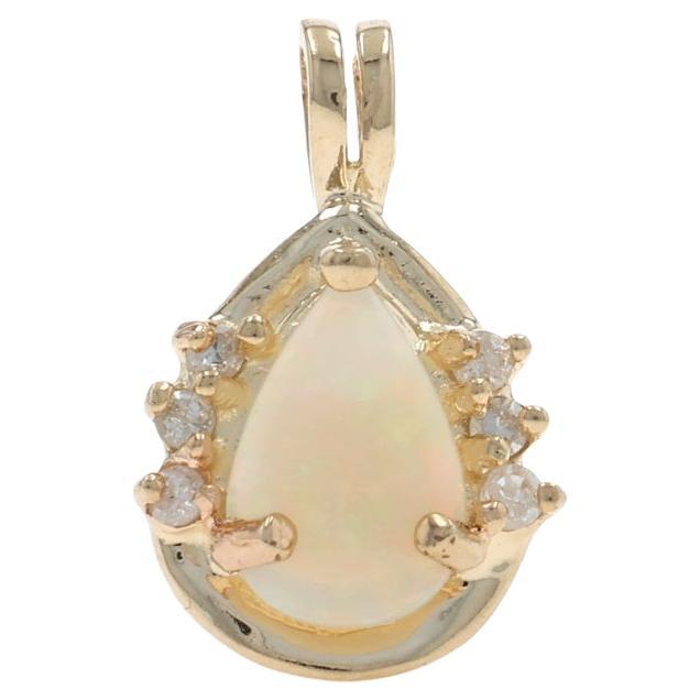 Yellow Gold Australian Opal Diamond Pendant - 14k Pear Cabochon .79ctw Teardrop