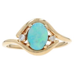 Yellow Gold Australian Opal Diamond Ring - 14k Oval Cabochon .72ctw Bypass