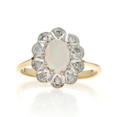 Yellow Gold Australian Opal Diamond Vintage Halo Ring 18k Oval Cab .62ctw Floral