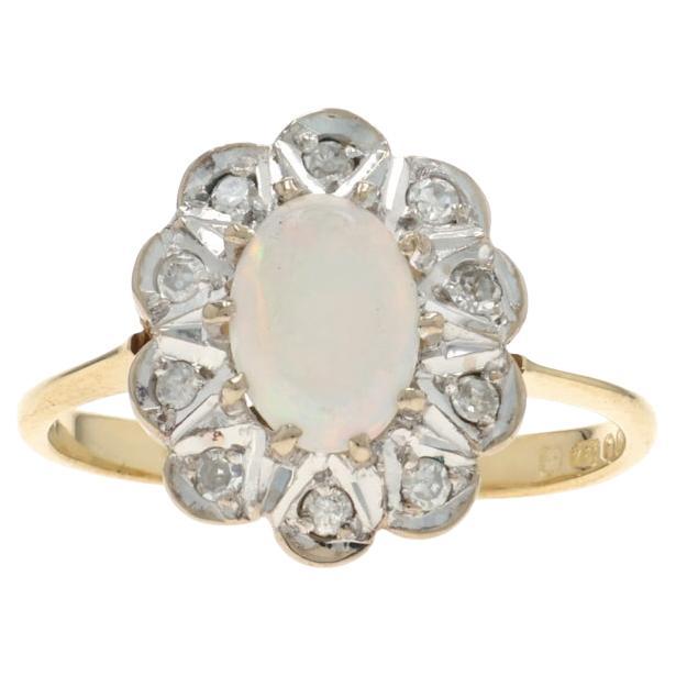 Yellow Gold Australian Opal Diamond Vintage Halo Ring 18k Oval Cab .62ctw Floral For Sale