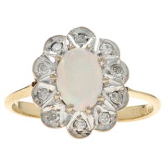 Yellow Gold Australian Opal Diamond Vintage Halo Ring 18k Oval Cab .62ctw Floral