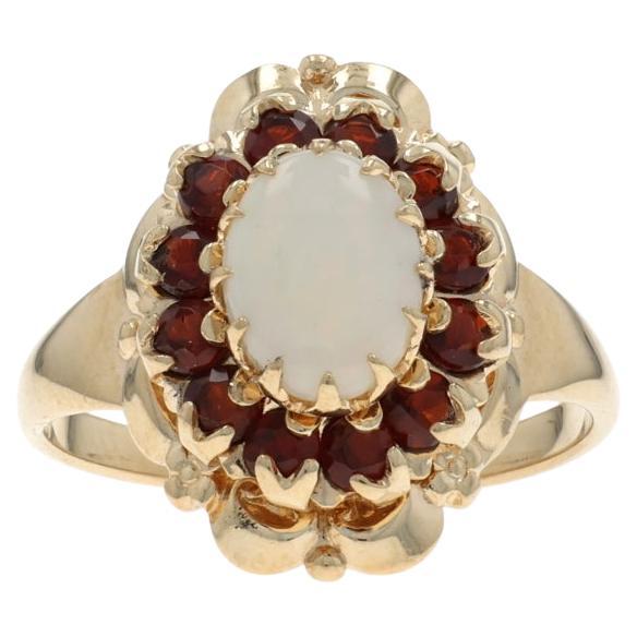Yellow Gold Australian Opal Garnet Halo Ring 10k 1.88ctw Floral