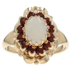 Yellow Gold Australian Opal Garnet Halo Ring 10k 1.88ctw Floral
