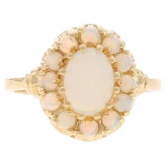 Yellow Gold Australian Opal Halo Ring 10k Oval Cabochon & Round Cabochon 1.14ctw