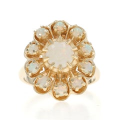Yellow Gold Australian Opal Halo Ring - 14k Round Cabochon 1.30ctw Flower