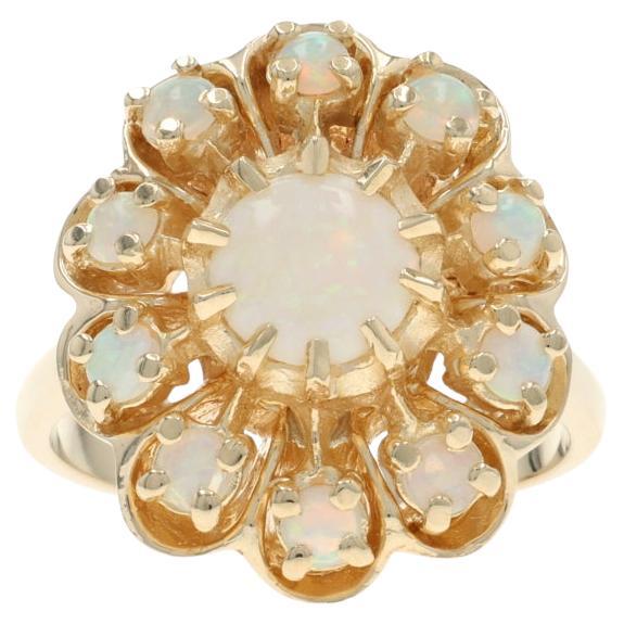 Yellow Gold Australian Opal Halo Ring - 14k Round Cabochon 1.30ctw Flower