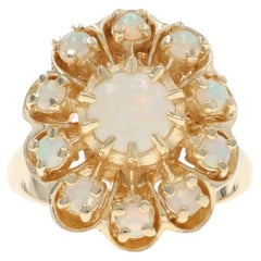 Yellow Gold Australian Opal Halo Ring - 14k Round Cabochon 1.30ctw Flower